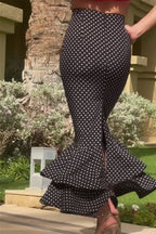 Women High Waist Polka Dot Ruched Mermaid Midi Skirt with Multi-Layer Ruffle Hem