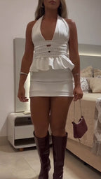 Women Neck Hanging Splicing Hot Diamond Top + Half Skirt Elegant Temperament Set