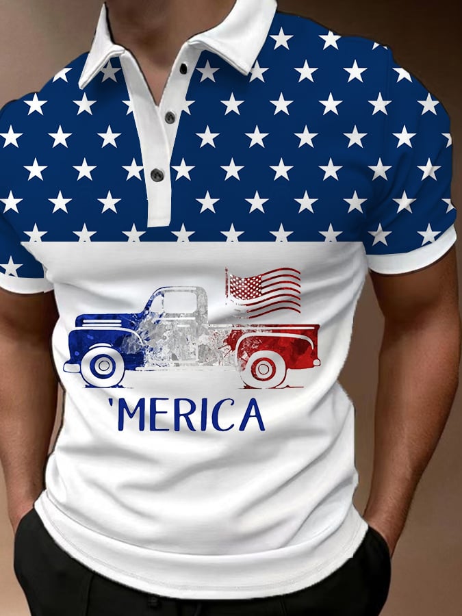 Men's Vintage Truck And 'Merica With Flag Printed POLO Shirt