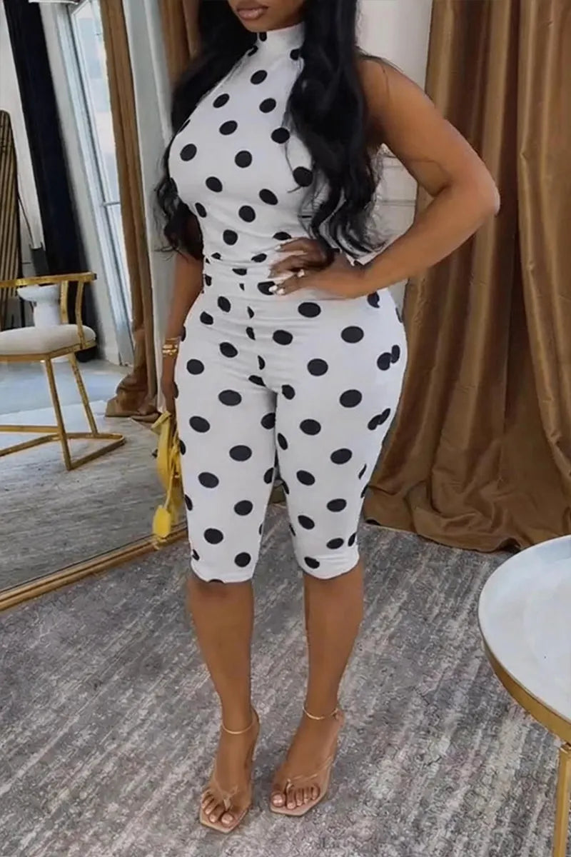 Women's Casual Open-Back Polka Dot Stretch Jumpsuit