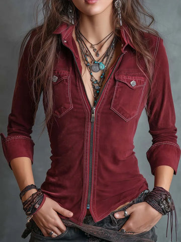 Vintage Zip-up Collar Flap Pocket Distressed Denim Shirt