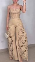 Beige Lace Cutout Strapless Corset & Wide-Leg Pants Set