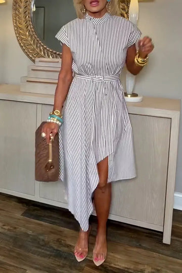 Women Round Neck Waist Cinched Irregular Elegant Casual Dress