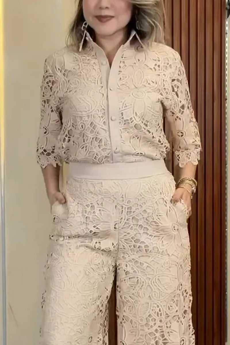 Women Lapel Patterned Hollow Top or Wide Leg Pants