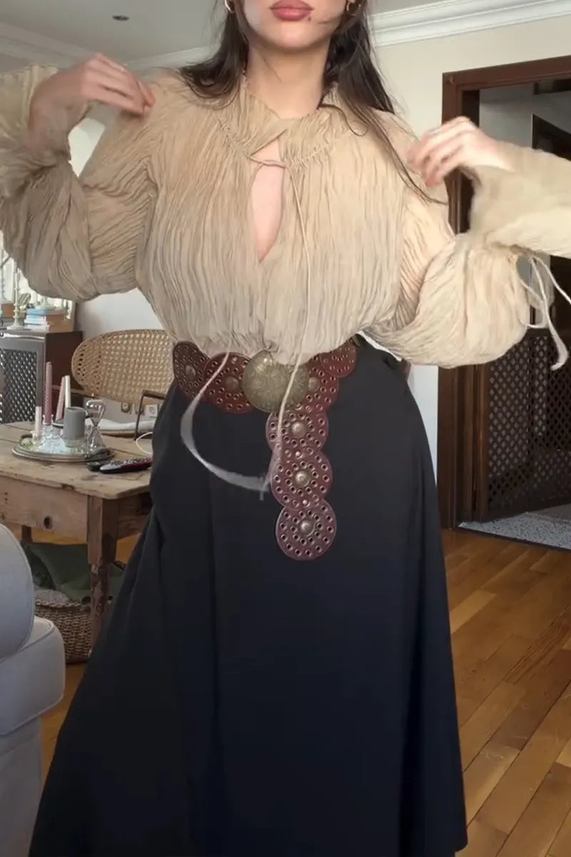 Women's Casual Pleated Loose Shirts & High Waist Skirt