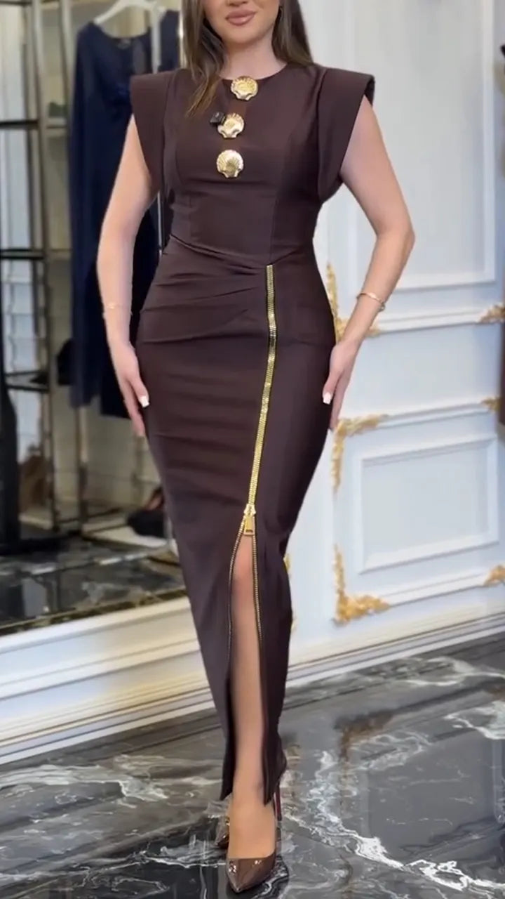 Womens Round Neck Zipper Slit Design Elegant Temperament Dress