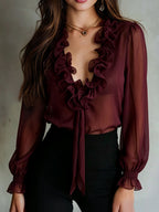 Retro Plum Sheer Ruffled Tie-Front Chiffon Blouse