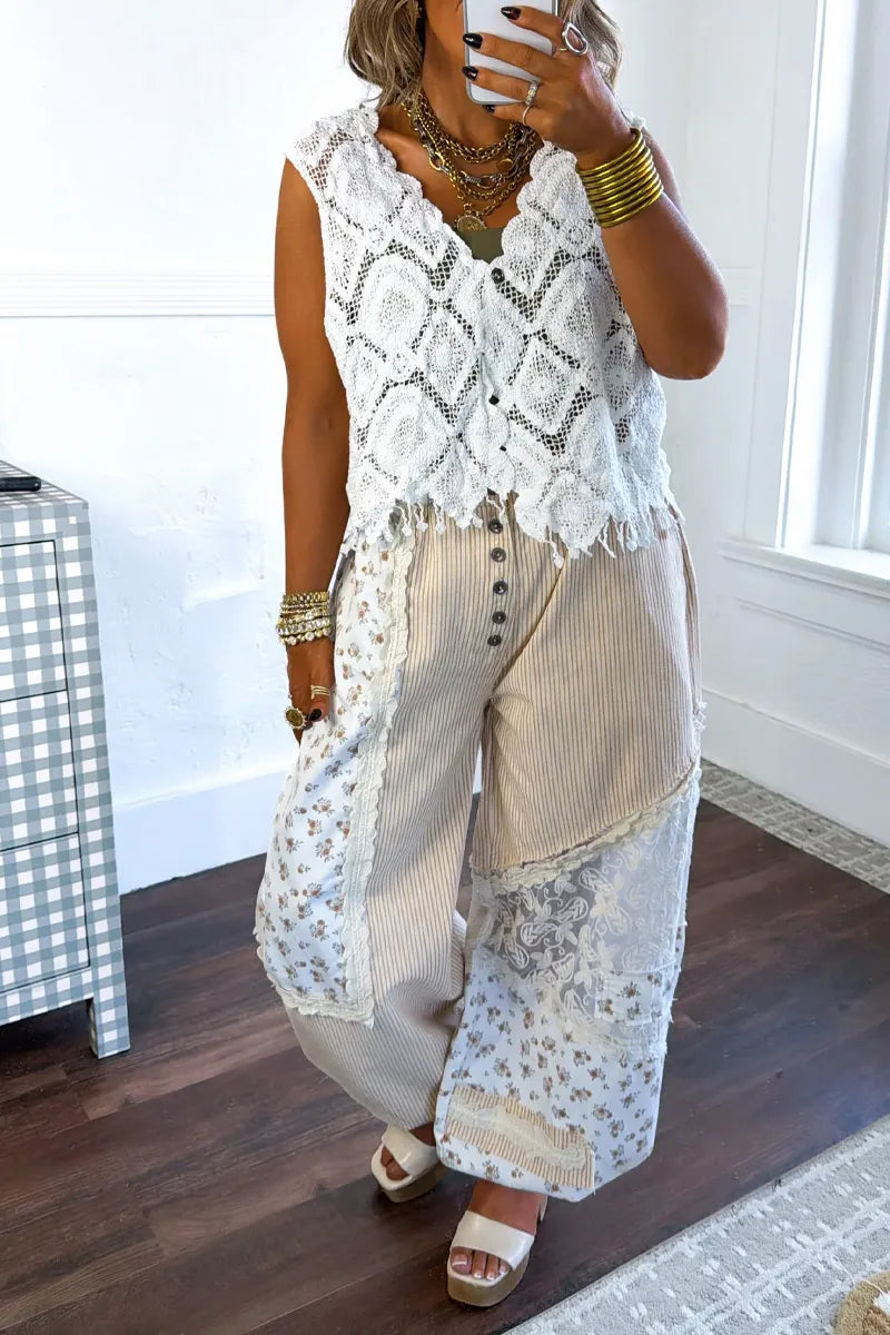 Women's Crochet Lace Sleeveless Top with Button Front Or Patchwork Floral Pants