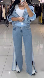 Women Collar Jacket+ Pants Casual Denim Suit