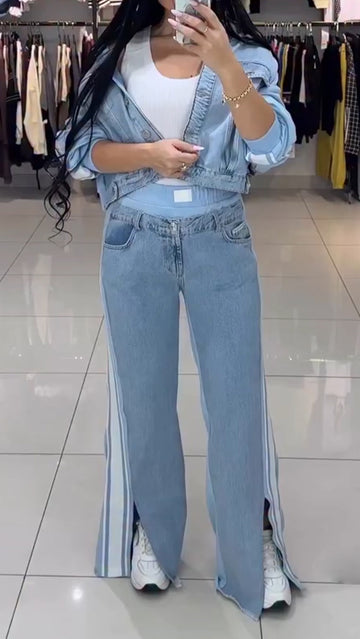 Women Collar Jacket+ Pants Casual Denim Suit