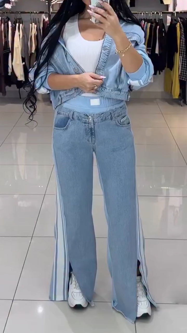 Women Collar Jacket+ Pants Casual Denim Suit