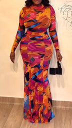 Women Round Neck Printed Jumpsuit + Skirt Vacation Casual Style Set