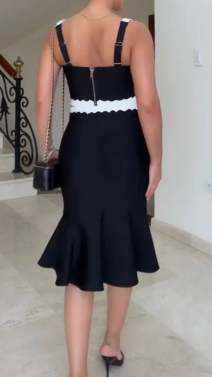 Womens Spaghetti Strap Patchwork Contrasting Top + Half Skirt Elegant Casual Set