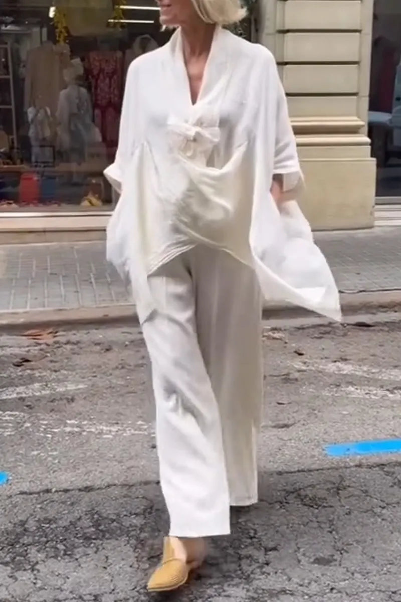Womens V-neck Top+ Wide Leg Pants Loose Casual Suit