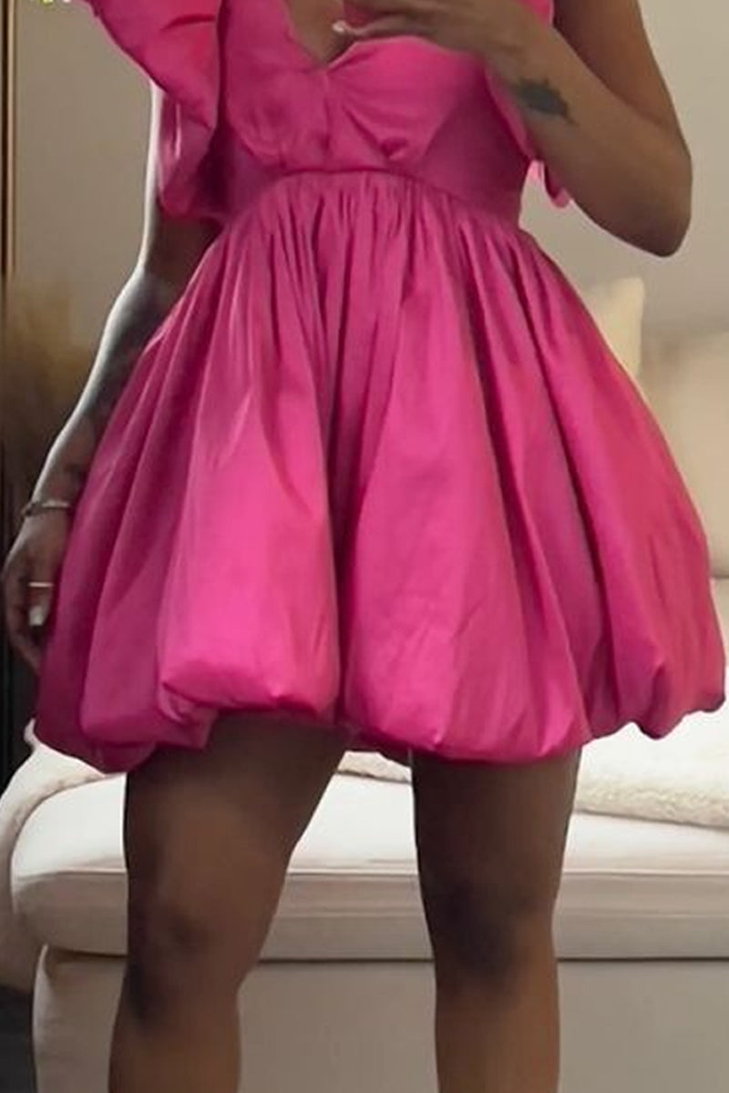 Women's Voluminous Puff Sleeve Pink Party Dress with Bubble Skirt