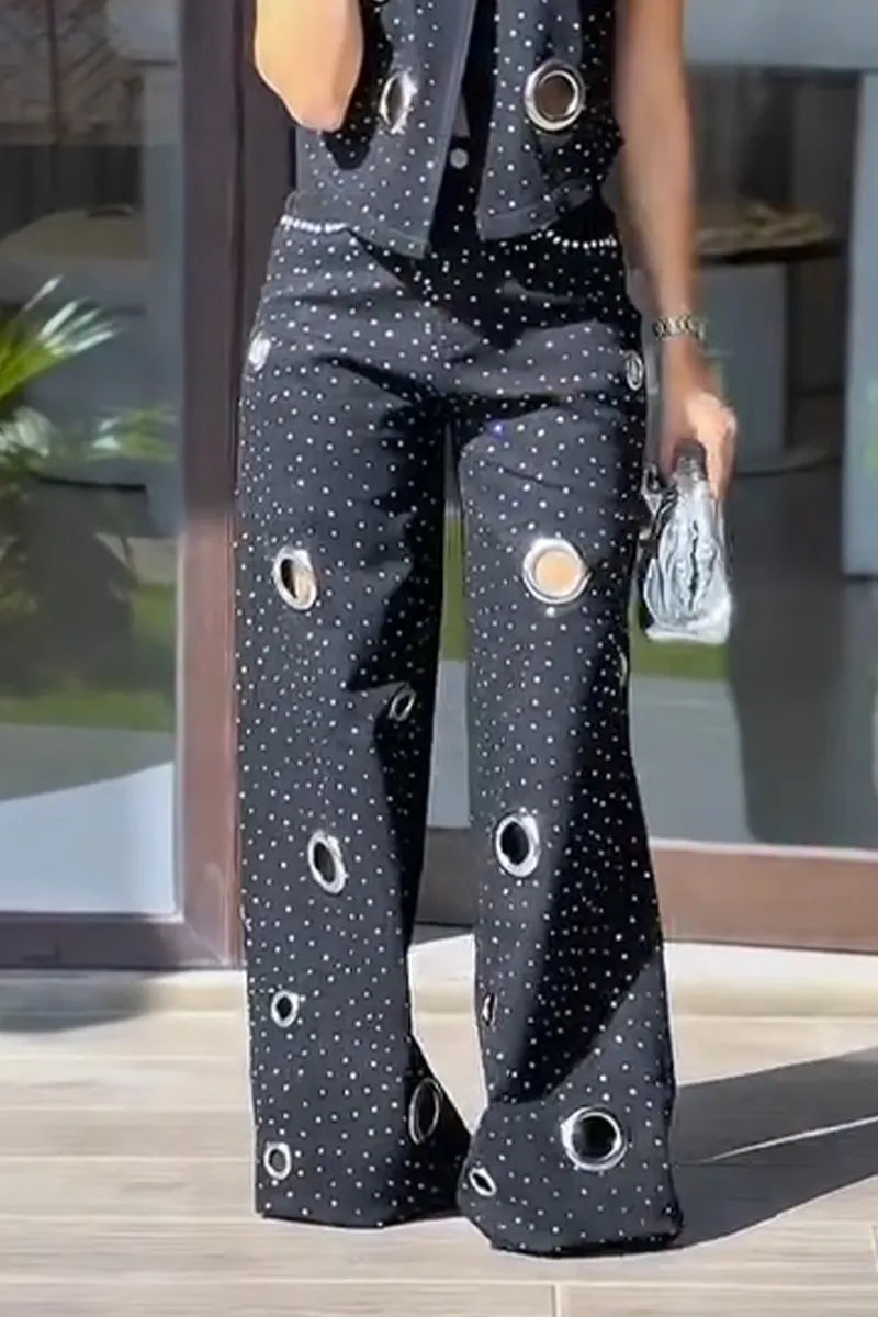 Women Casual Rhinestone Cutout Denim Vest or Wide-leg Jeans