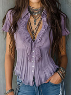 Vintage Boho Lavender Pleated Ruffled Lace Blouse