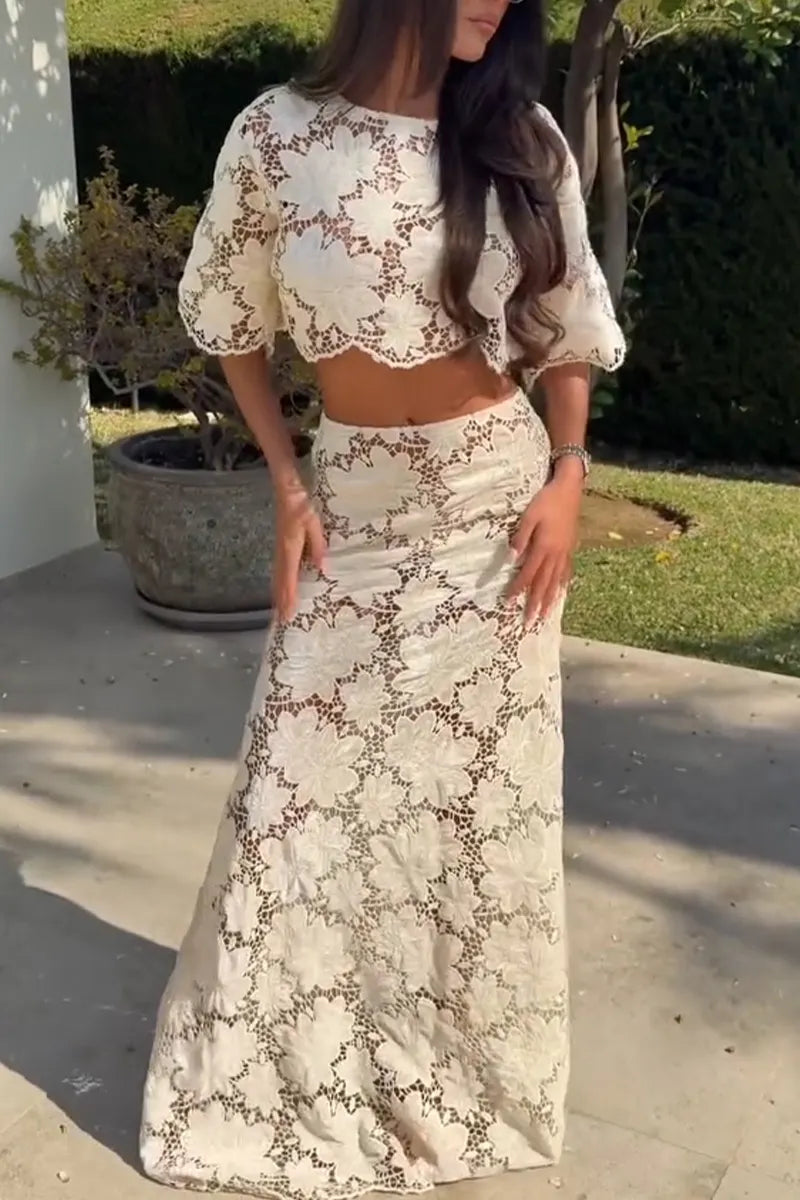 Women's Elegant Resort Lace Cutout Top & Long Skirt