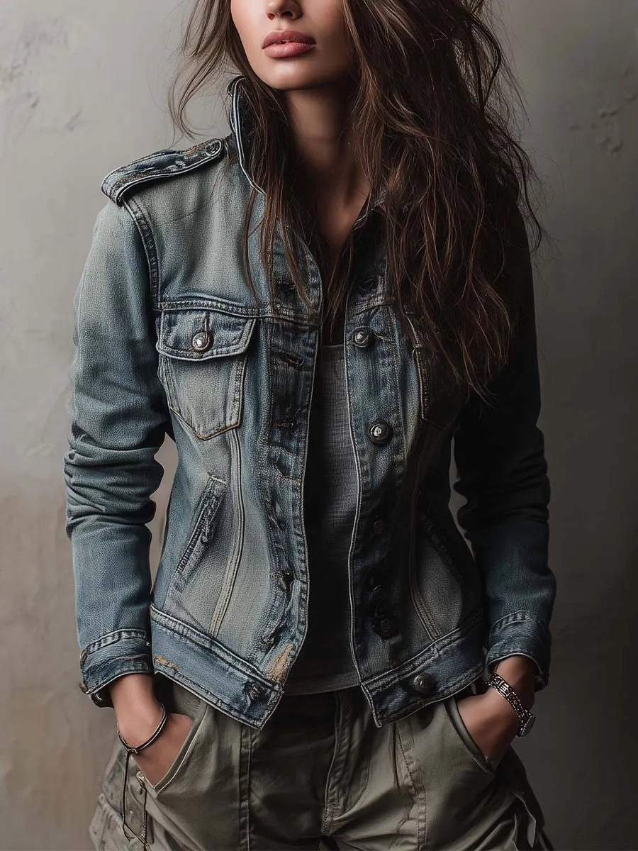 Washed And Faded Utility Denim Jacket With Epaulettes