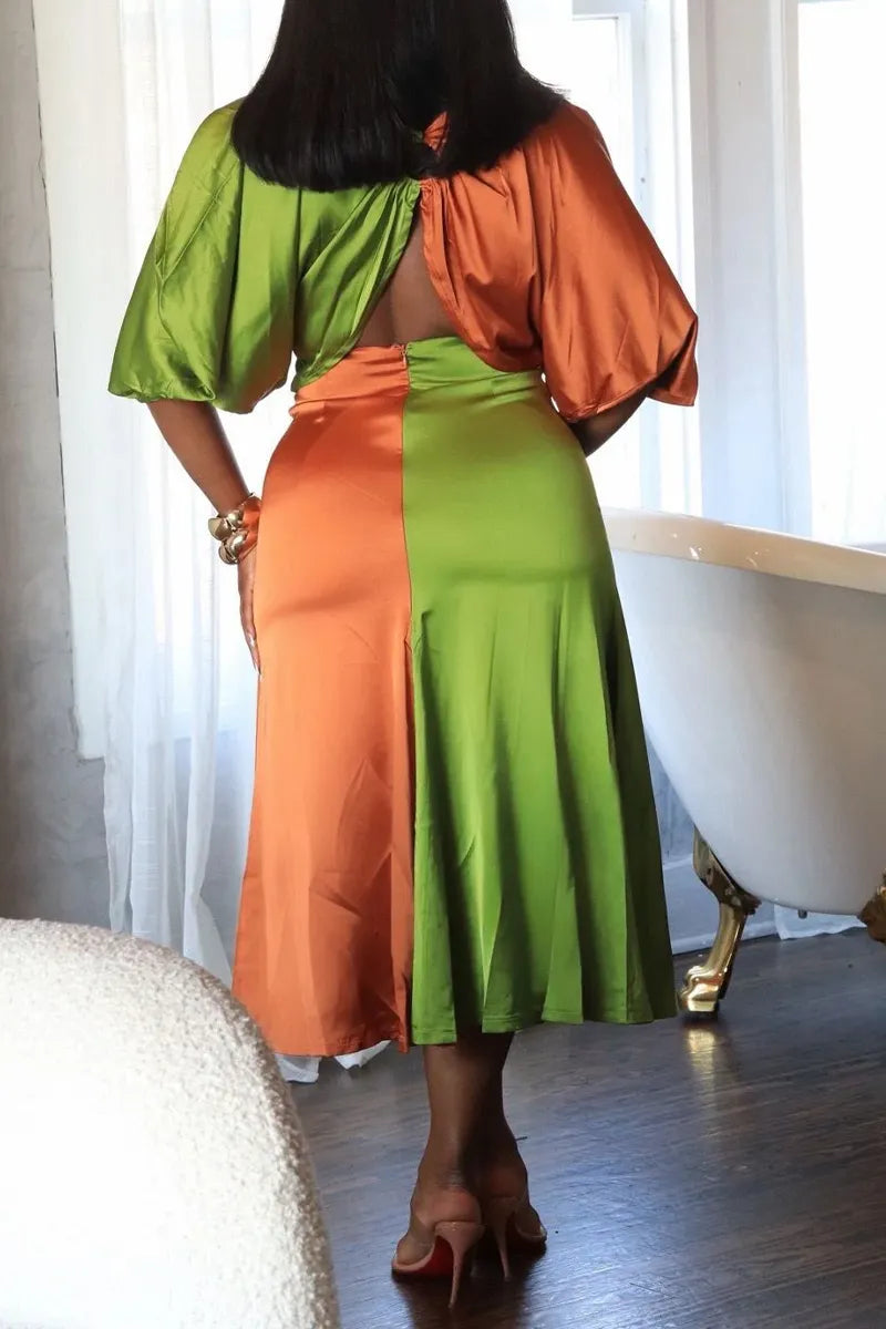 Women's Color Block Satin Two-Piece Set, Knotted Crop Top And Flared Mid Skirt