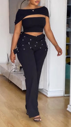 Womens Spliced Hollow Top+ Pants Casual Set with Temperament