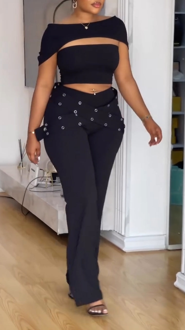 Womens Spliced Hollow Top+ Pants Casual Set with Temperament