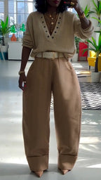 Womens Deep V-neck Knitted Top and Pants Casual Suit