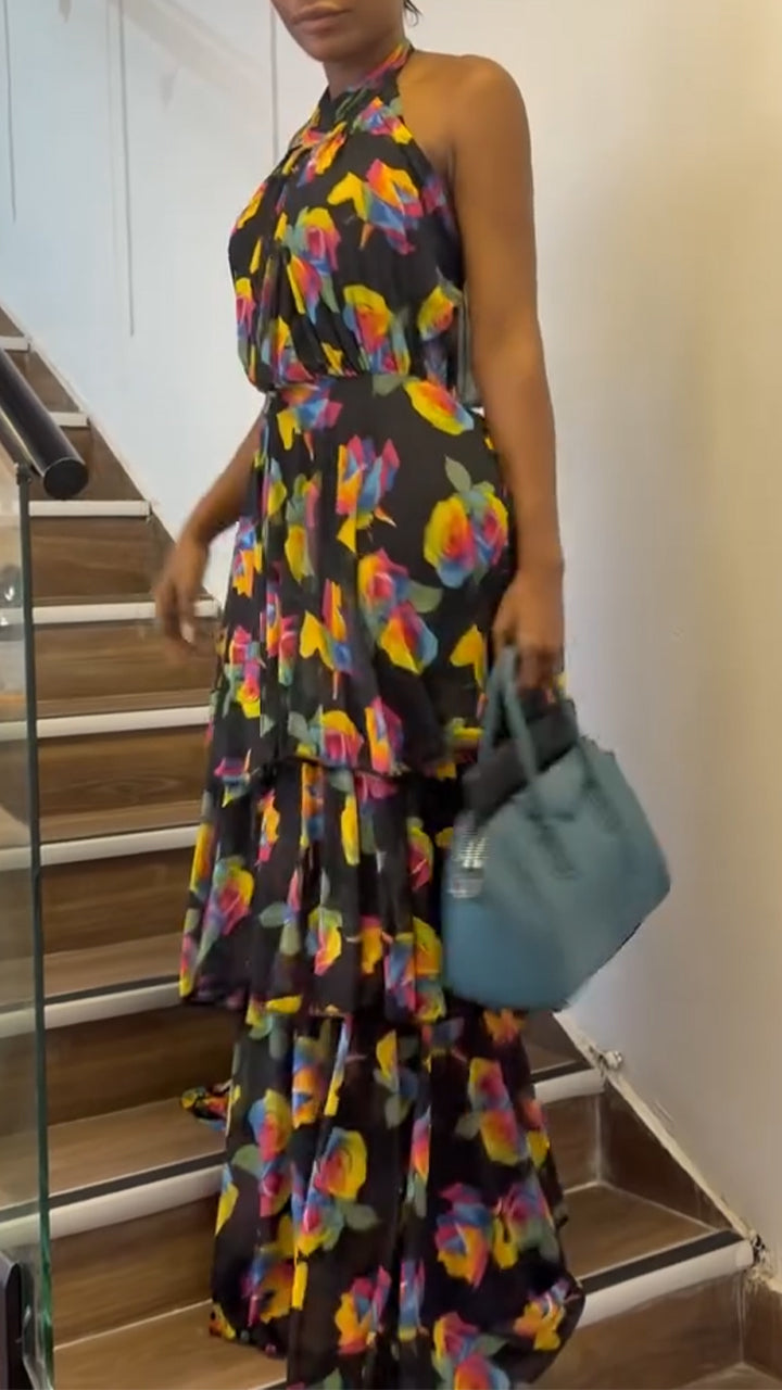 Womens Neck Hanging Sleeveless Printed Patchwork Elegant Temperament Dress