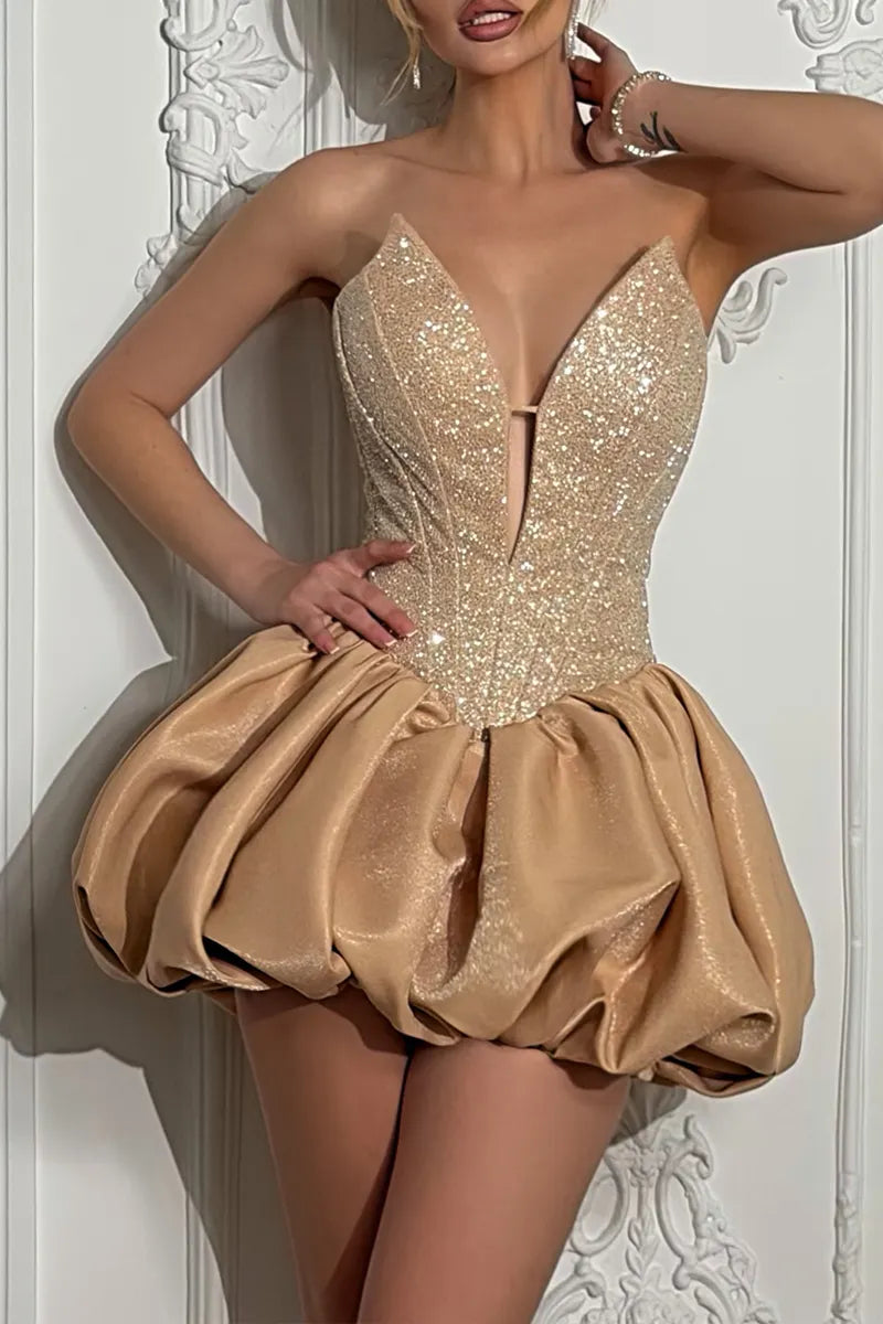 Women's Fashion Party Sequin Balloon Hem Bustier Dress