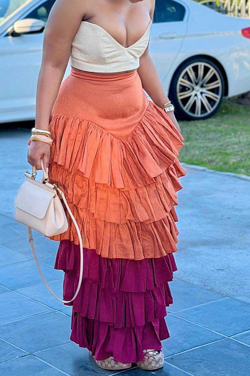 Women's Elegant Bustier + Tiered Color Block Flounce Skirt Set