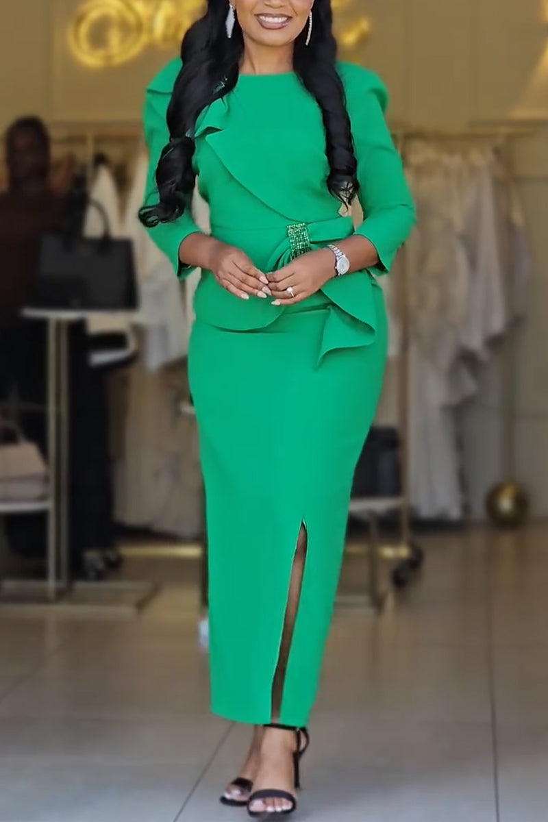 Women Round Neck Patchwork Slim Fit Slit Elegant Temperament Dress