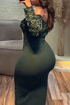 Women One Neck Floral Decoration Slim Fit Slit Elegant Temperament Dress