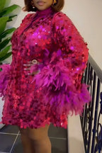 Women's Fashion Party Sequin Feather Cuff Trim Mini Dress