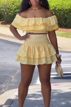 Women's Resort Off Shoulder Top Double Layer Flounce Skirt Set