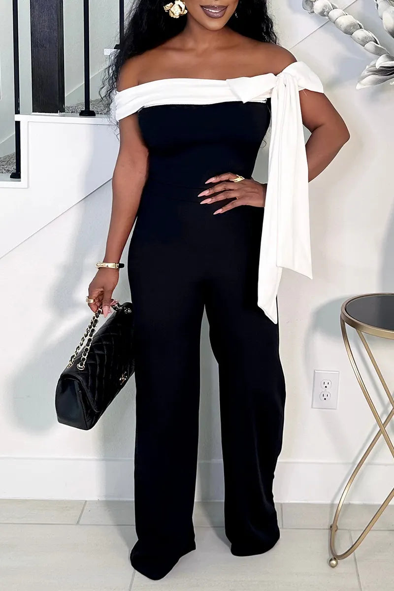 Women's Casual  Off Shoulder Jumpsuit with Contrast White Bow Trim and Straight Leg Pants
