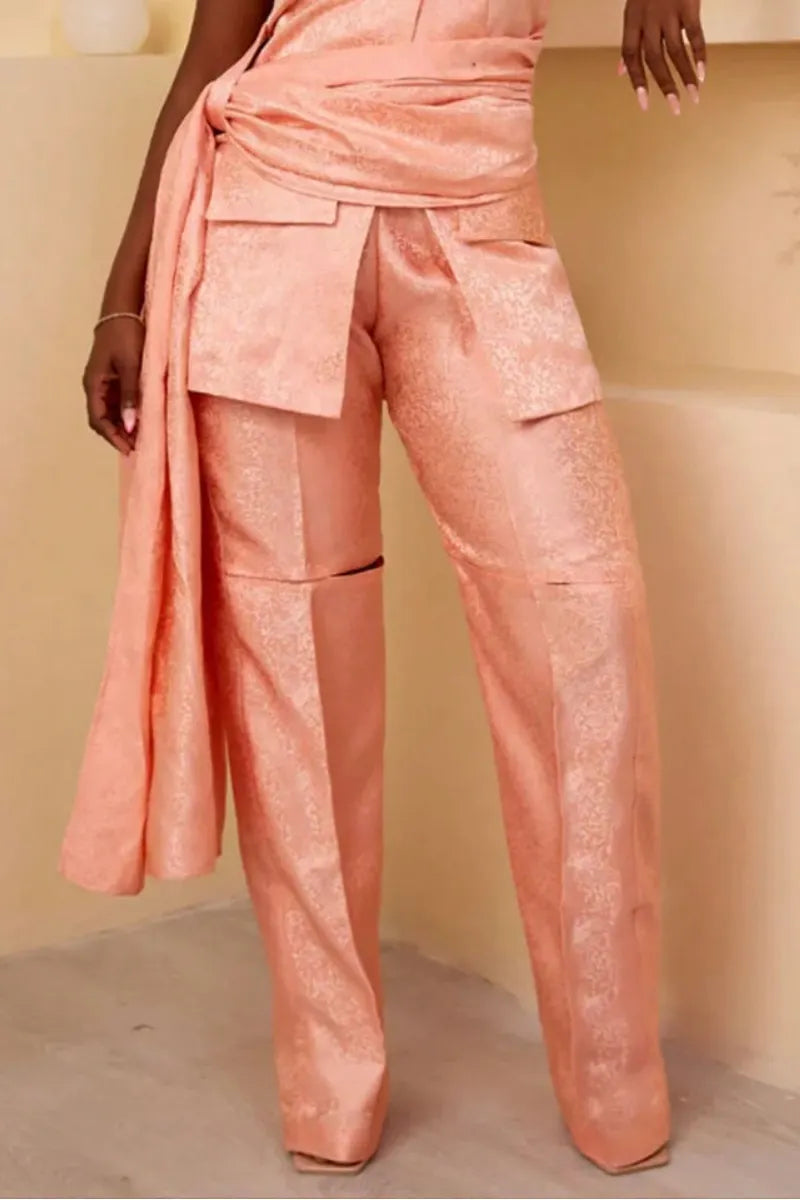 Women's Elegant Wrap Waist Detail Satin Jacquard Sleeveless Blazer Or Cutout Pants