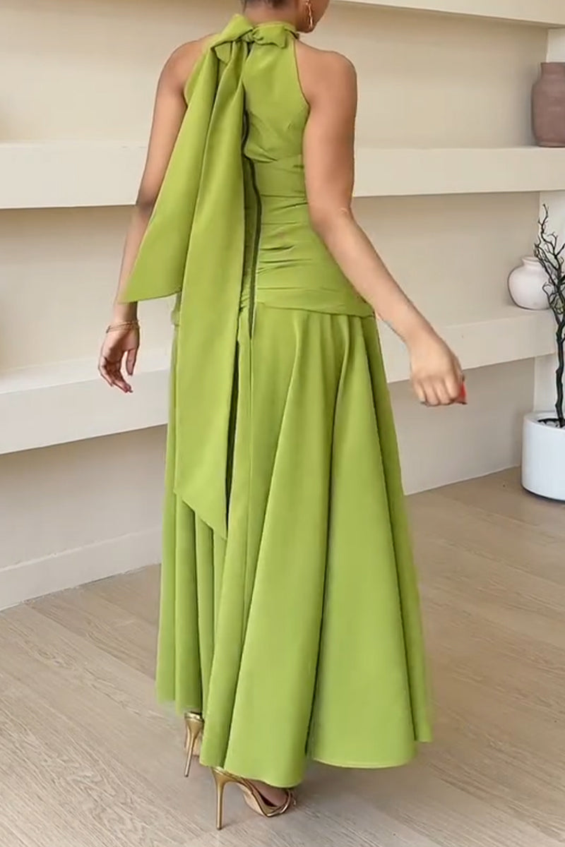Women Neck Hanging Solid Color Waist Cinching Elegant Temperament Dress