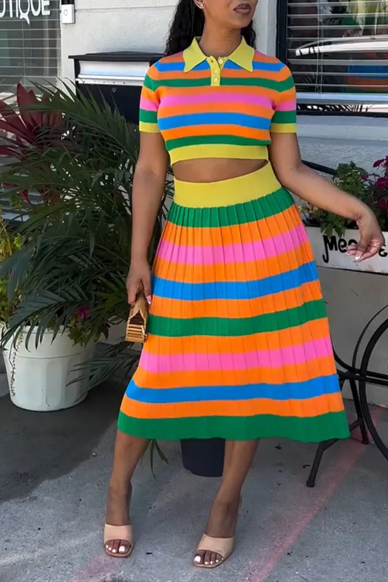 Women's Casual Multicolor Stripe Knit Top & Skirt