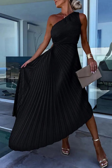 Women Sleeveless One Side Cut Out Waist Pleated Midi Dress Elegant High Low Pleat Evening Dress
