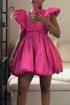 Women's Voluminous Puff Sleeve Pink Party Dress with Bubble Skirt