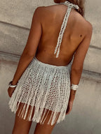 Women Neck Hanging Tassel Hollow Out Casual Vacation Style Dress