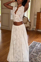 Women Round Neck Lace Printed Top+ Half Skirt Elegant Temperament Set