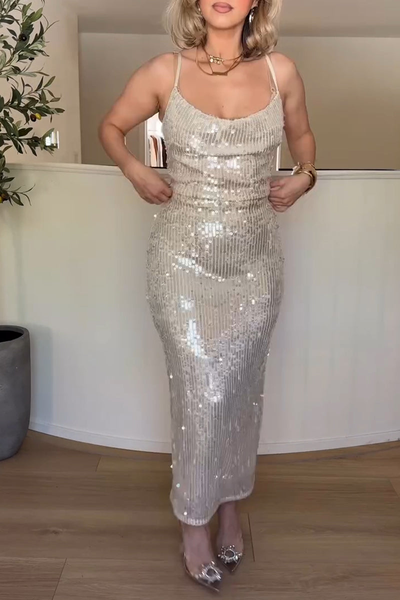 Women's Elegant Sparkling Sequin Cowl Neck Cami Dress