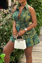Women Printed Collar Top + Shorts Casual Set