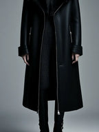 Women Fur Trim Warm Lined Hooded Eco Leather Trench Coat