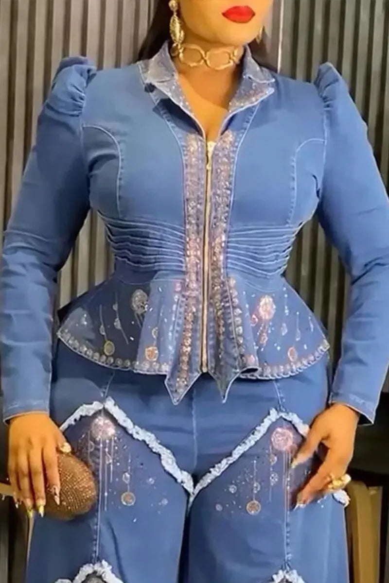 Women's Rhinestone Embellished Peplum Top And Wide Leg Pants Set