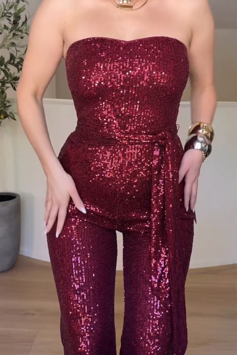 Women's Fashion-Party Bustier Sequin Jumpsuit with Belt