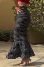 Women High Waist Polka Dot Ruched Mermaid Midi Skirt with Multi-Layer Ruffle Hem