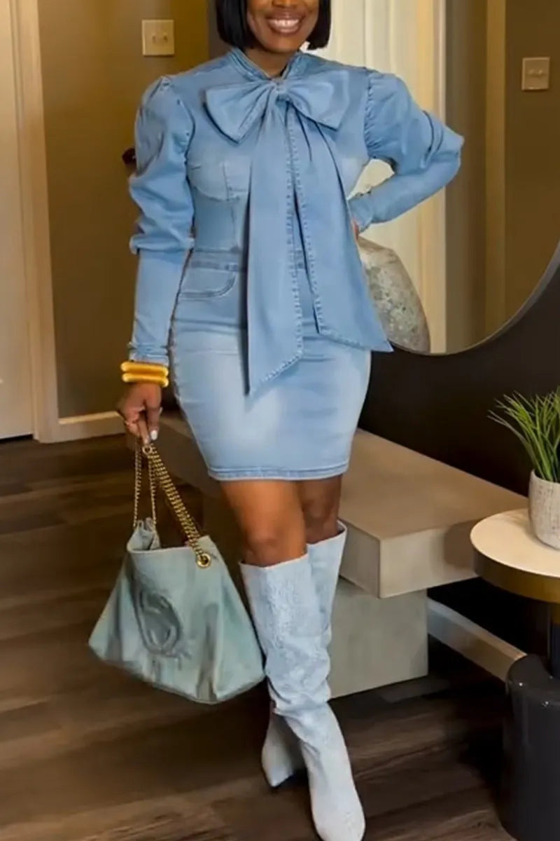 Women's Bow Bubble Sleeve A-Line Silhouette Denim Dress