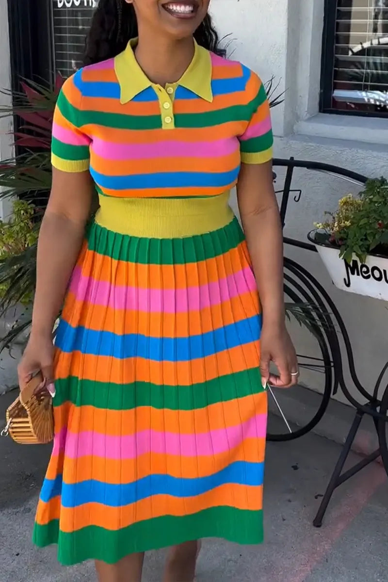 Women's Casual Multicolor Stripe Knit Top & Skirt